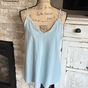 Aemi + Co blue gray raw edge adjustable strap hi-lo vneck blouse layering tank